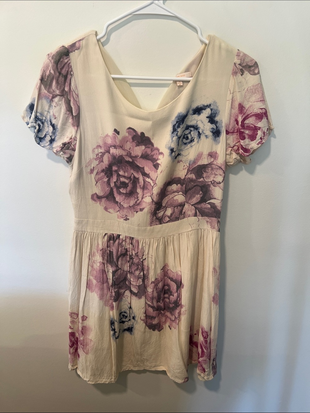 Skies Are Blue Cream Floral Short Sleeve Dress with Purple & Blue Roses